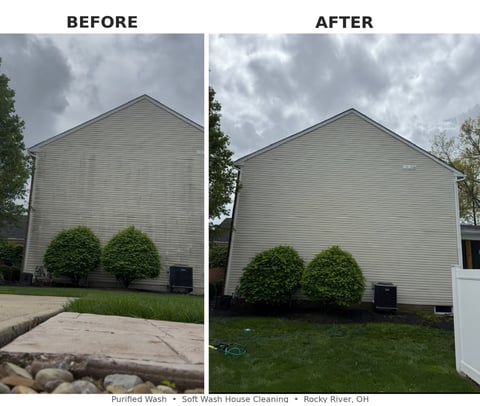 Before and after house exterior cleaning comparison showing increased brightness of vinyl siding after soft wash treatment